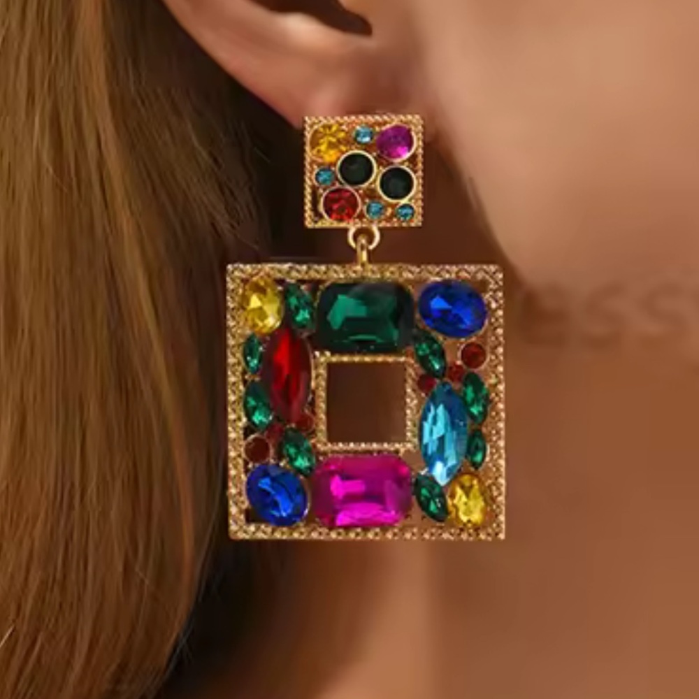 Multicolor Gemstone Rhinestone Square Earrings - image 3